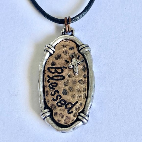 Cross BLESSED Pendant Necklace Copper Silver Plated 18-19" Christian Message - Picture 2 of 8